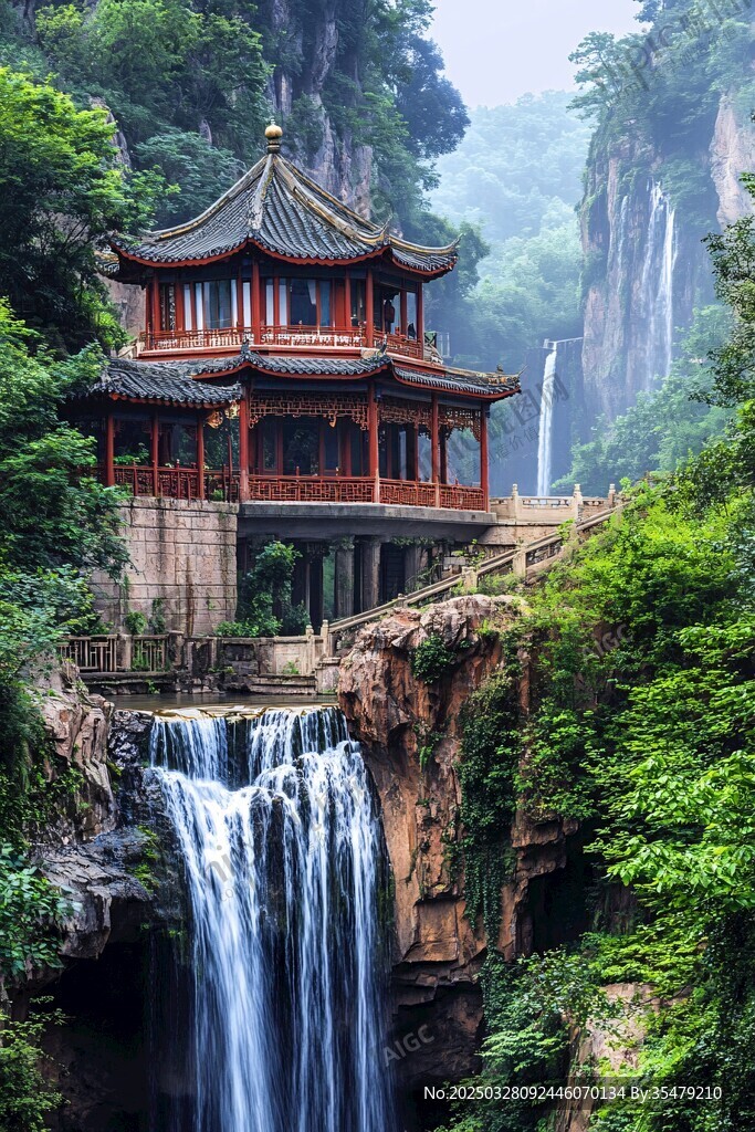 山间飞瀑旁的中式古亭