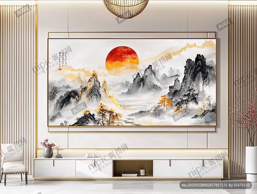 中式客厅中的山水旭日壁画