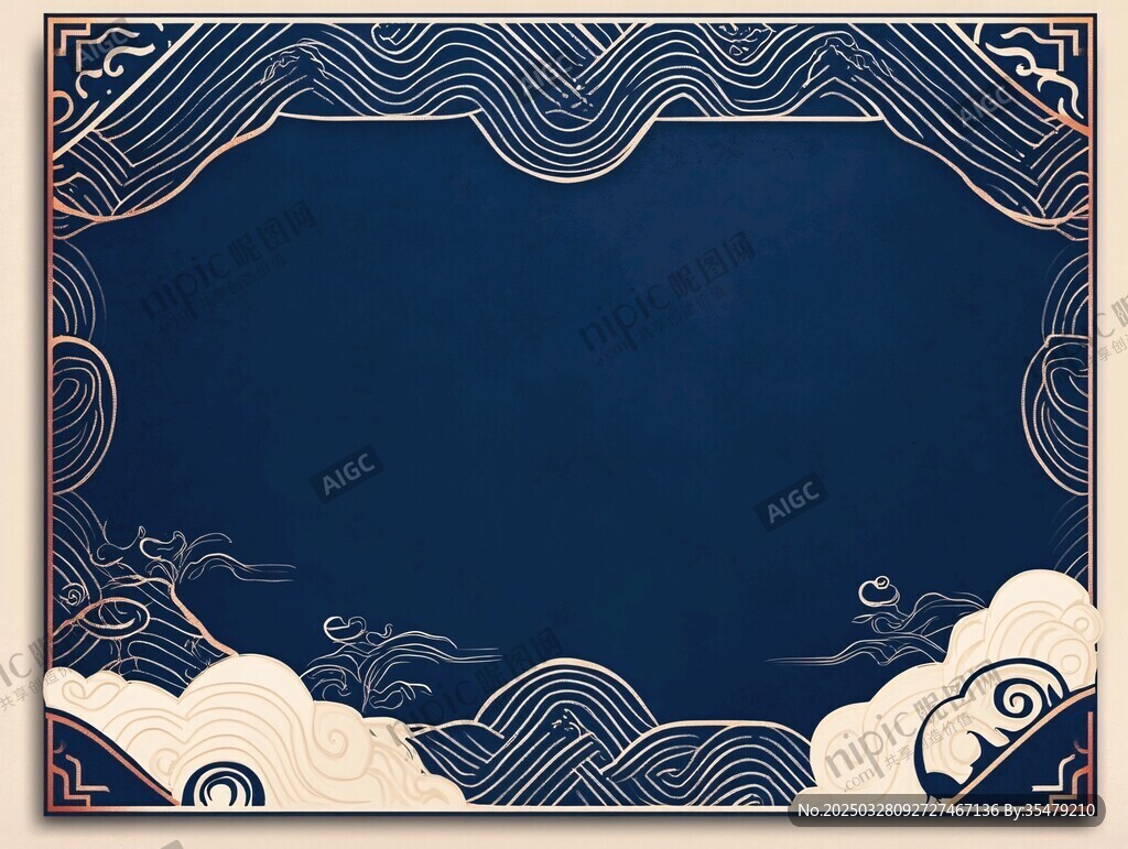 中式海浪云纹蓝色边框图