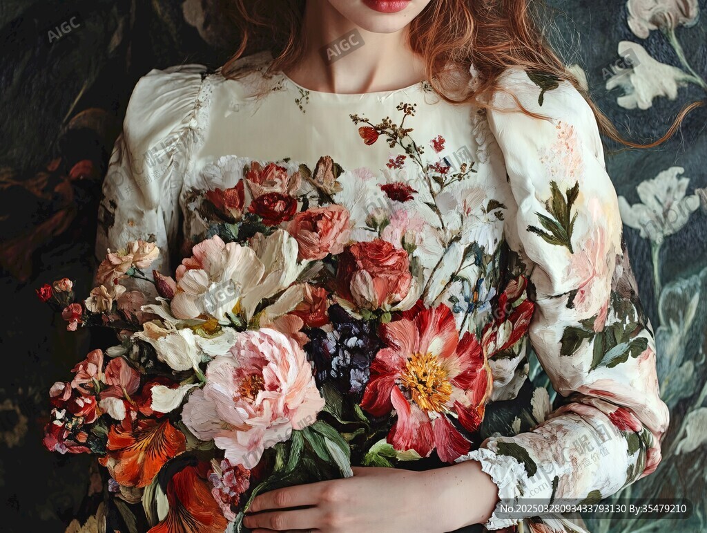 复古花卉裙女子手捧花束