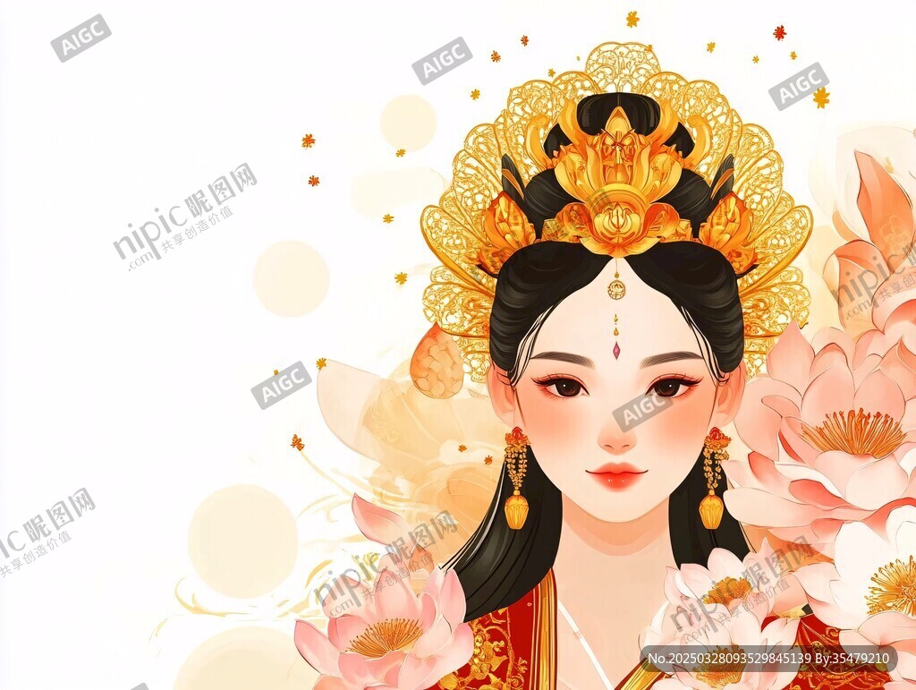 古风美人头戴华丽金冠赏牡丹