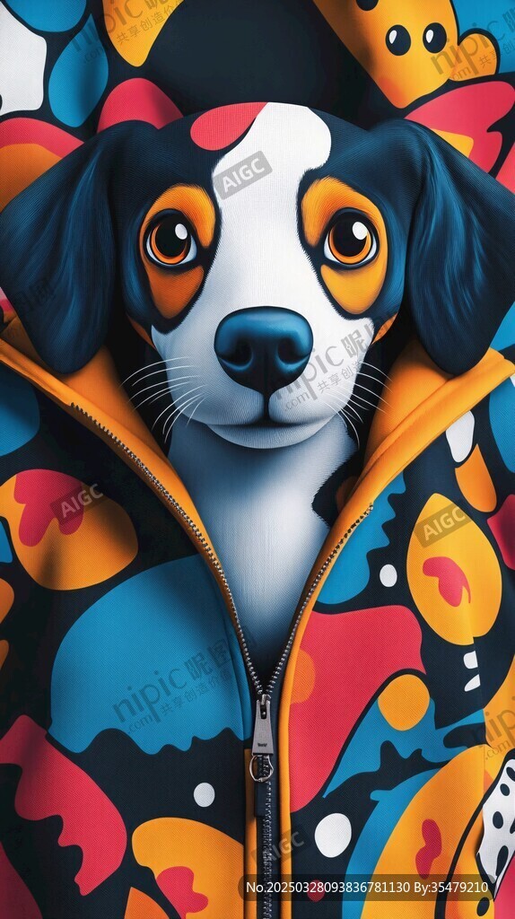 萌犬穿多彩图案连帽衣