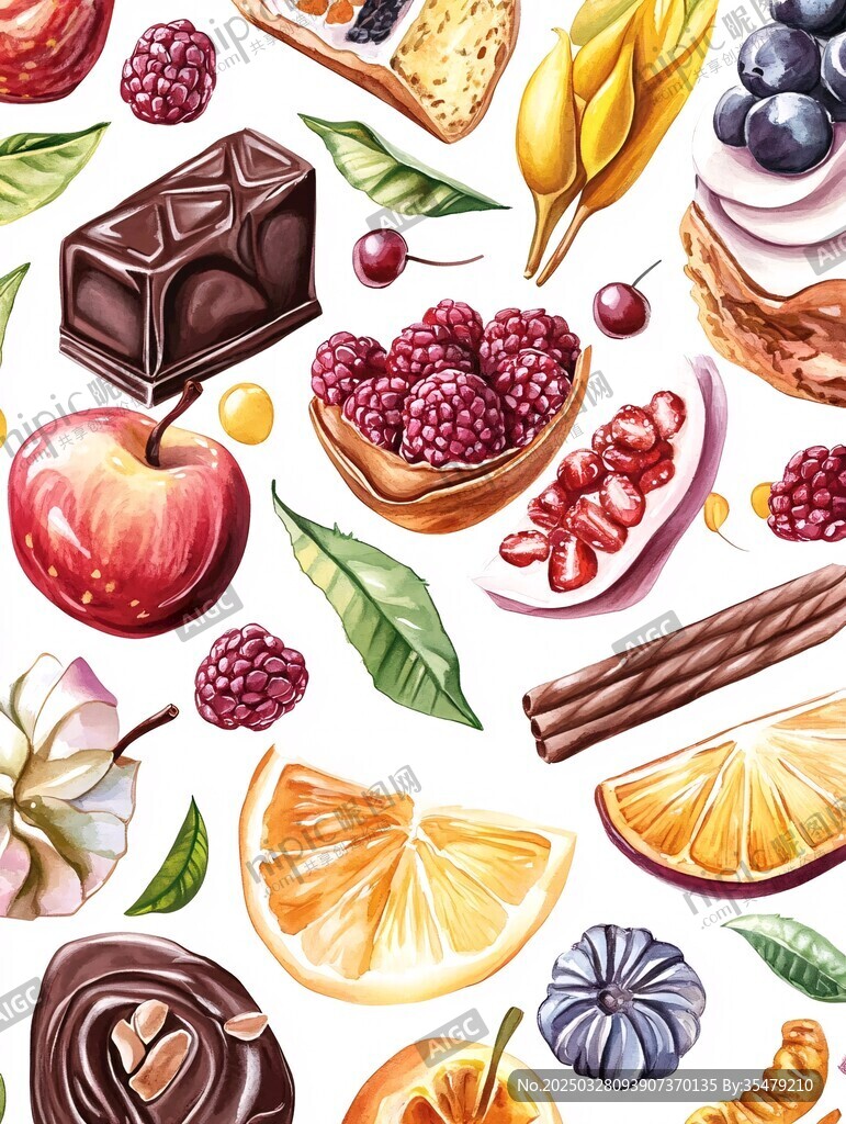 缤纷美味水果与甜点插画