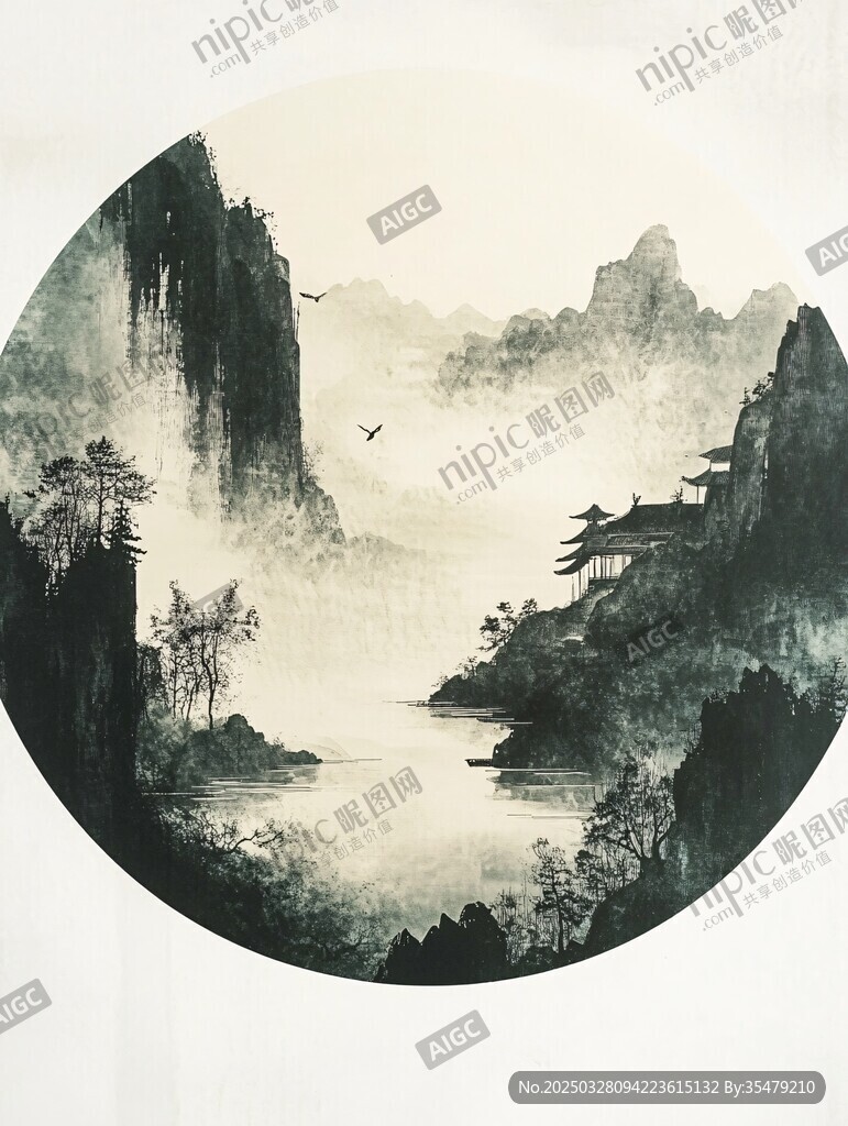 水墨山水圆景图