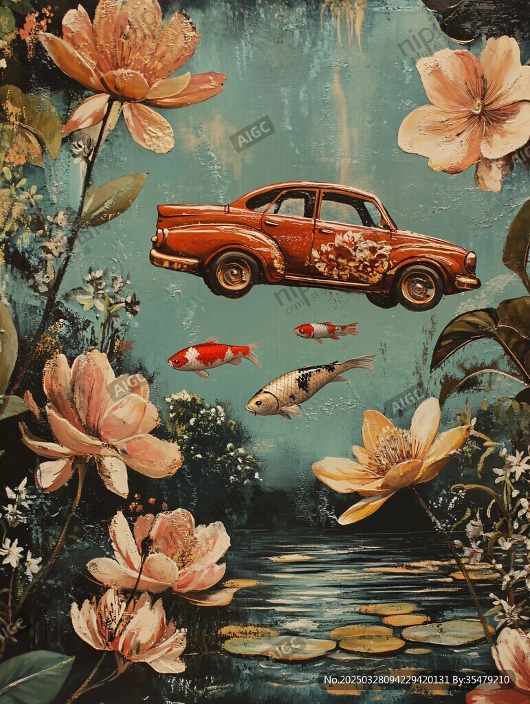 复古汽车与锦鲤花卉奇幻景