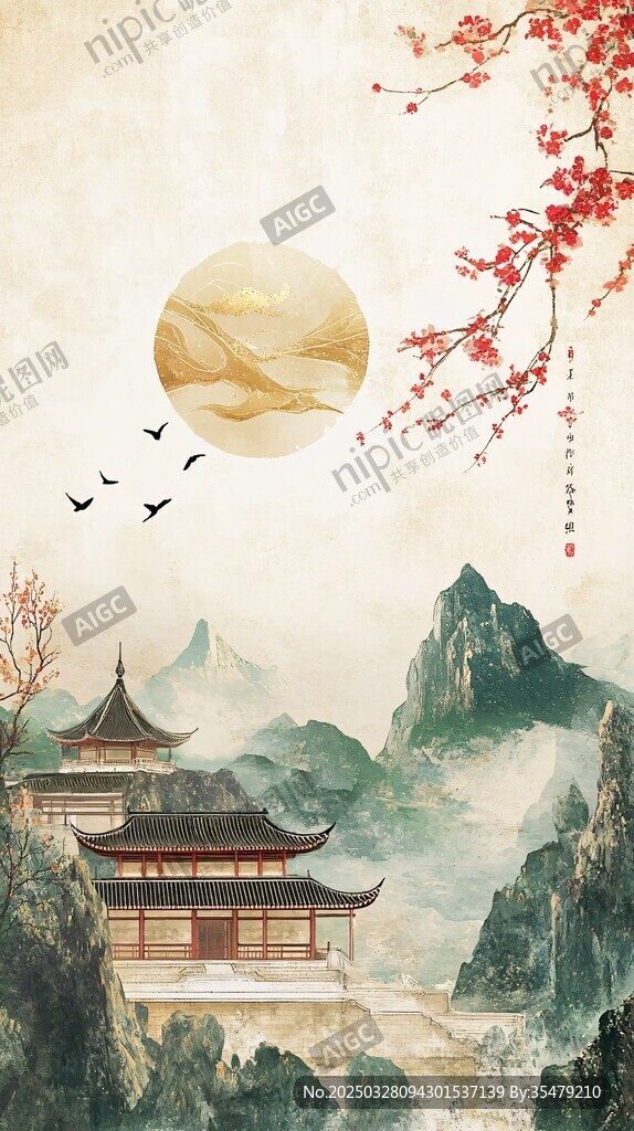 古风山水楼阁月夜图景