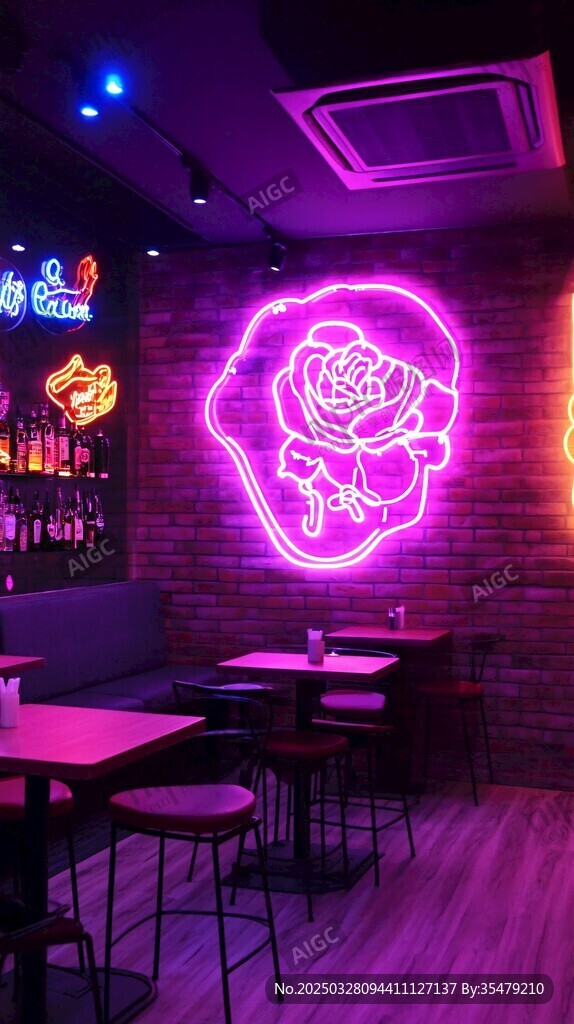 酒吧内绚丽霓虹玫瑰装饰场景