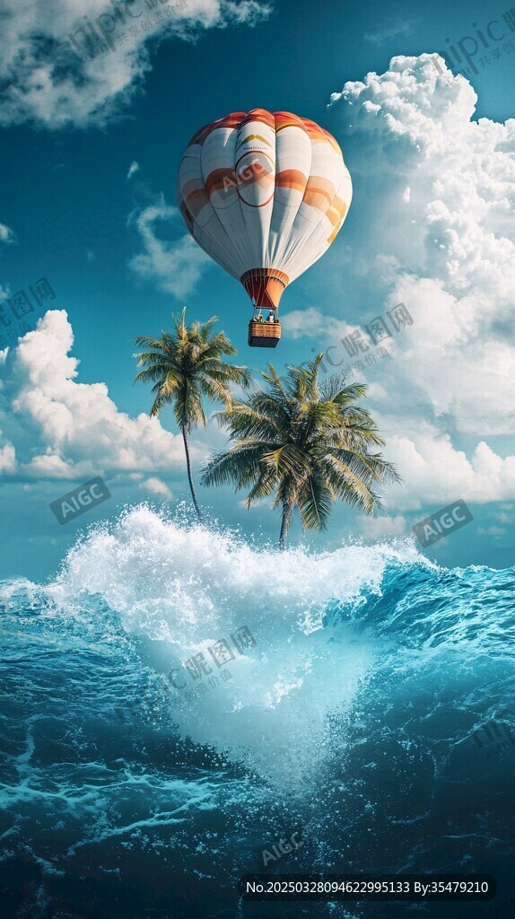 梦幻海上热气球与椰树