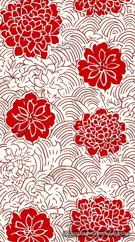 中式红花海浪纹图案设计