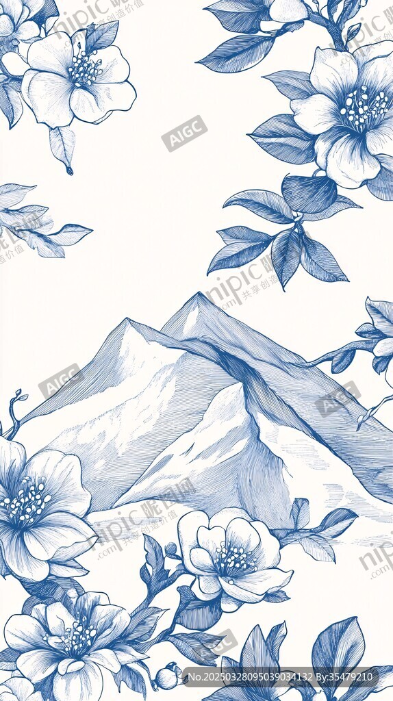 蓝白花卉山峦中式风图案