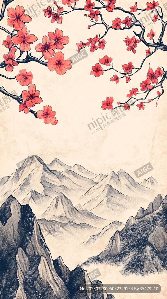 红梅映山川国画美景