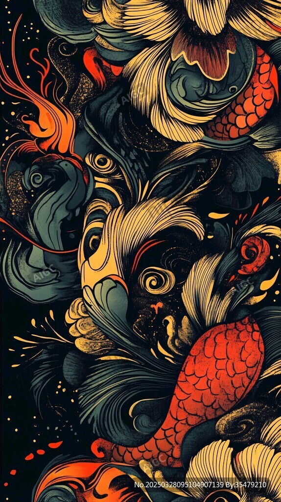 日式锦鲤花卉奇幻插画