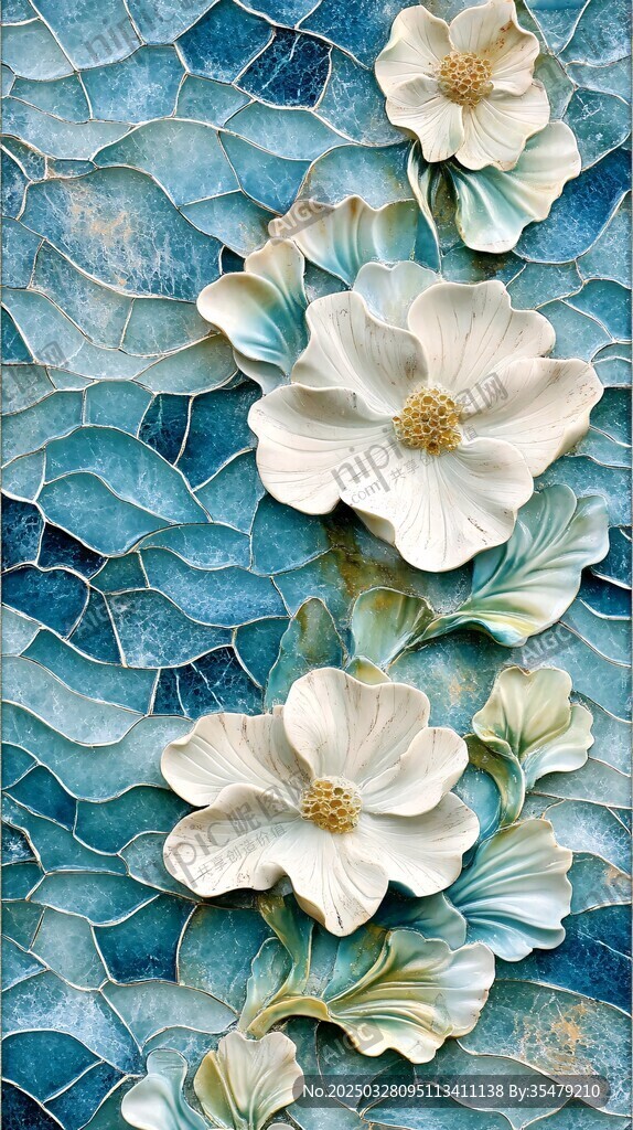 蓝底白花立体浮雕装饰画