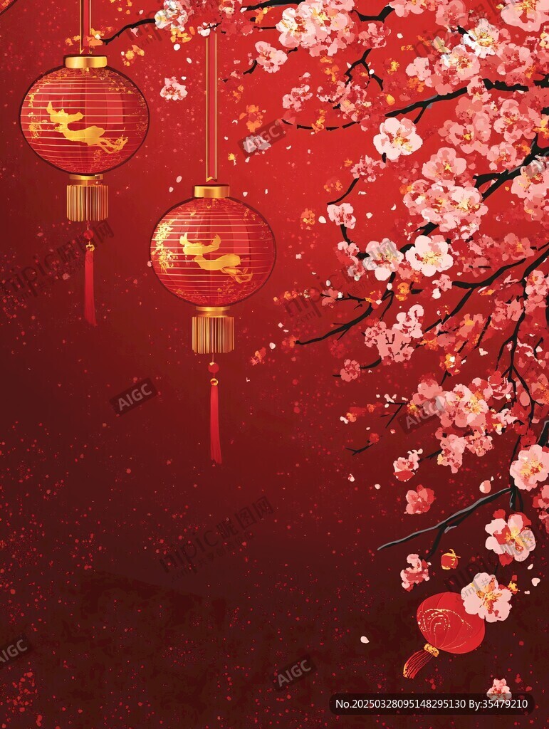 喜庆红梅配红灯笼背景