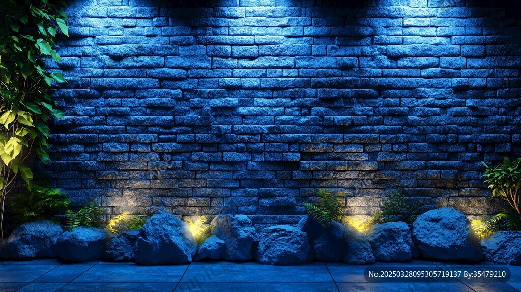 蓝色砖墙夜景绿植灯光美
