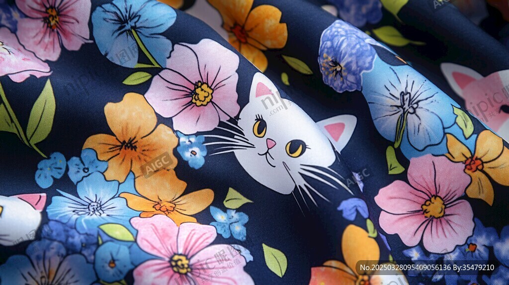 猫咪花卉图案布料