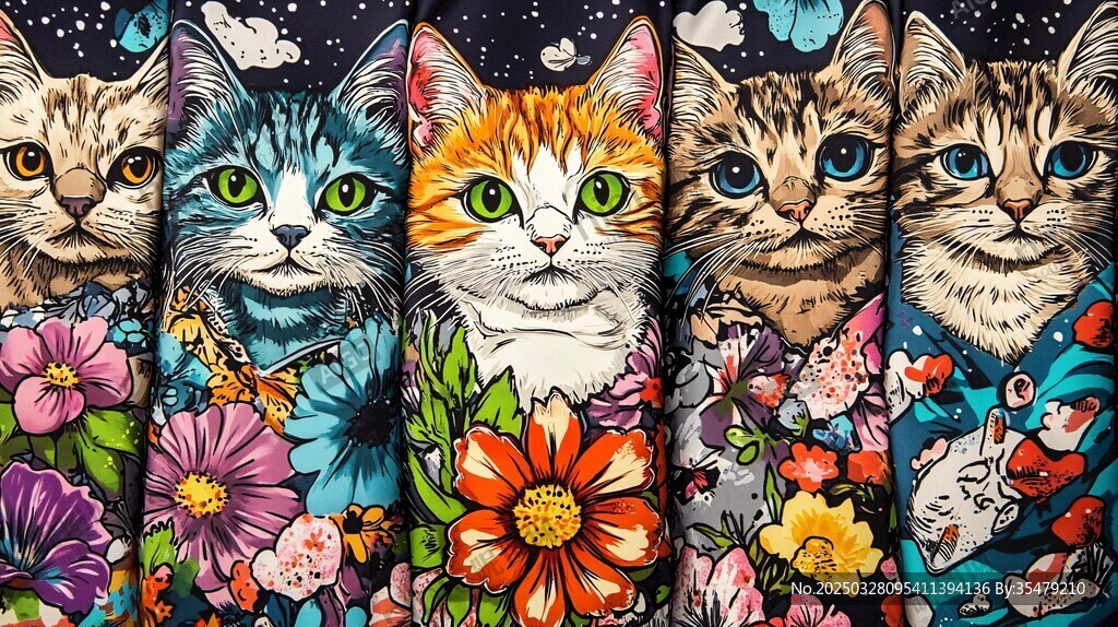 多彩花猫与花卉插画艺术