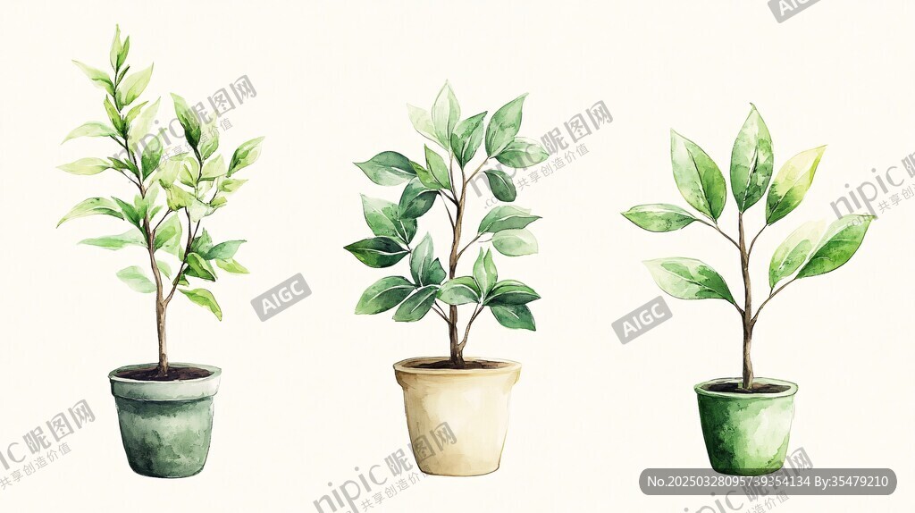 三盆绿植水彩插画展示