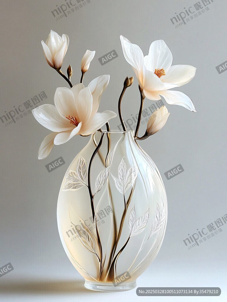 玉兰花插于透明雕花花瓶中