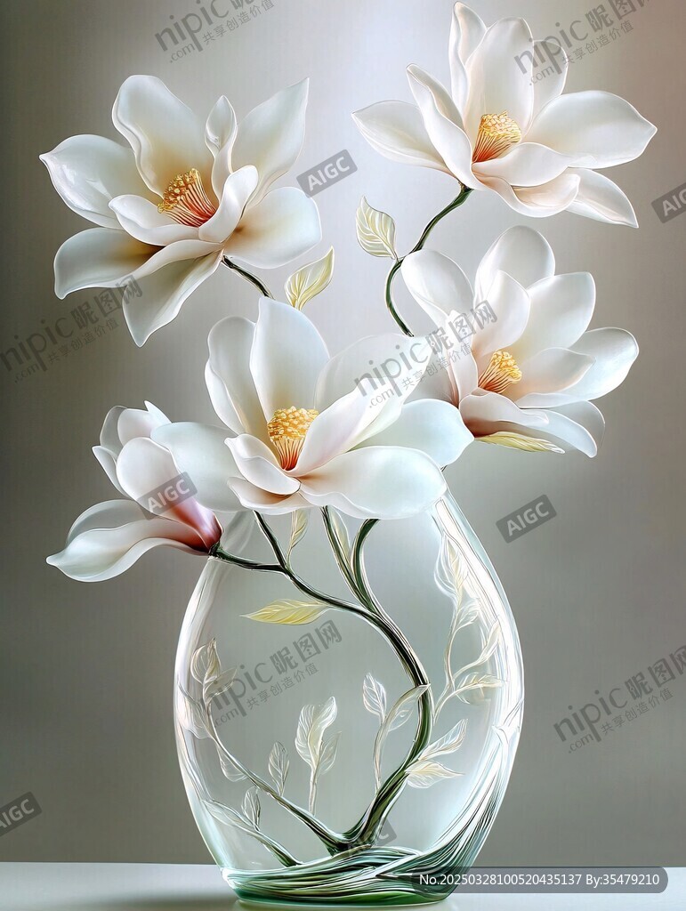 玻璃花瓶中的优雅白玉兰