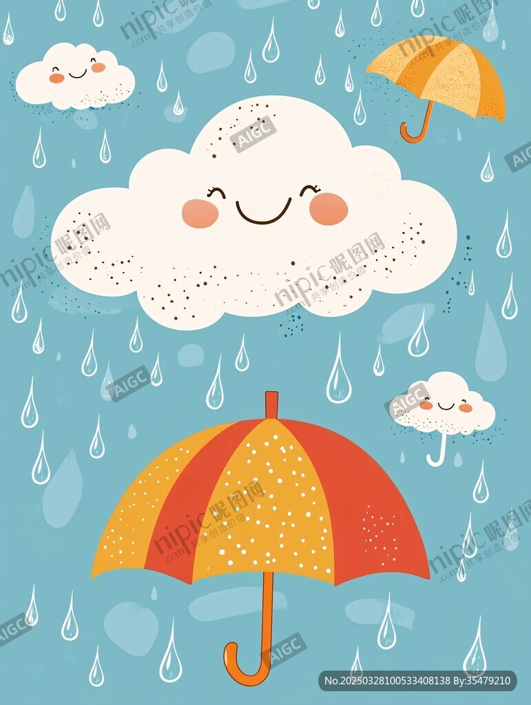 快乐雨天 云朵与雨伞插画