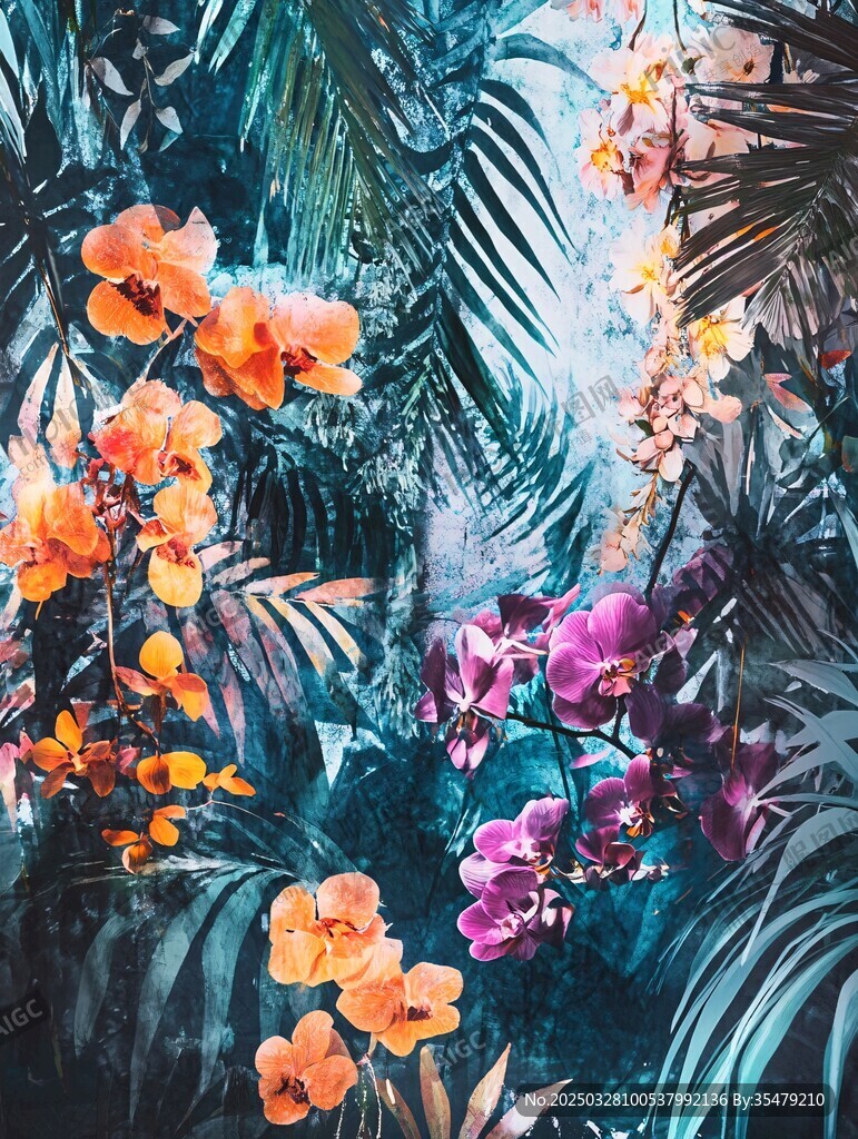 热带花卉与绿叶的绚丽图景