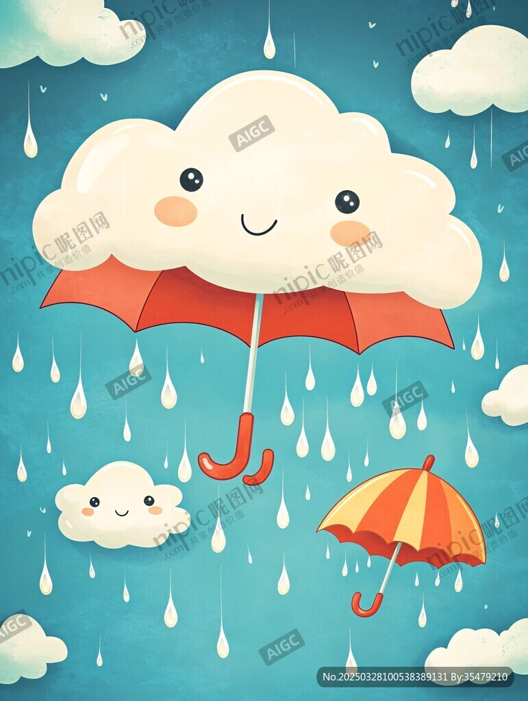 可爱云朵撑伞雨中萌景