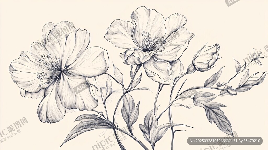 手绘花卉线条插画