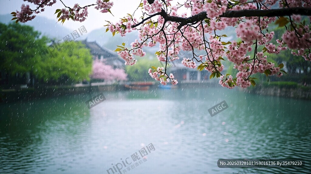 湖畔樱花绽 古风景致美