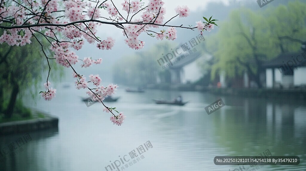烟雨江南 湖畔桃花初绽