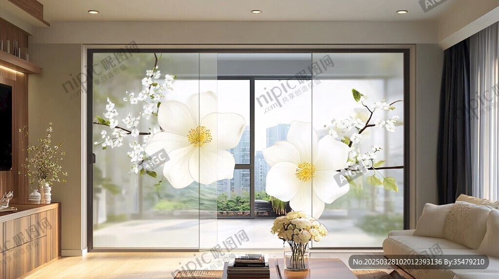 雅致客厅的花卉窗景