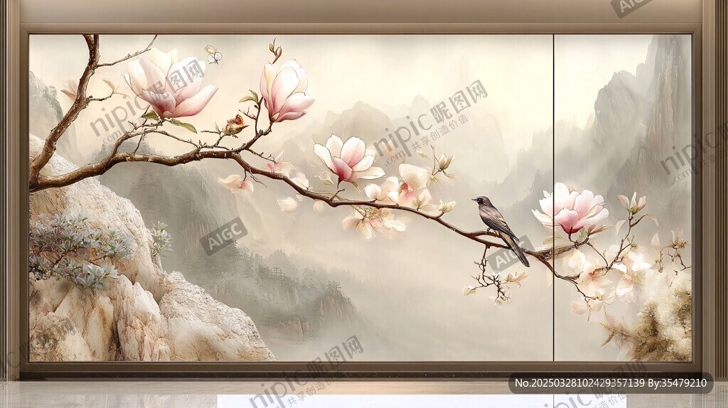 玉兰花枝双鸟中式山水图