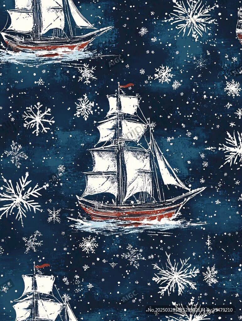 冬日航海主题雪花帆船图案