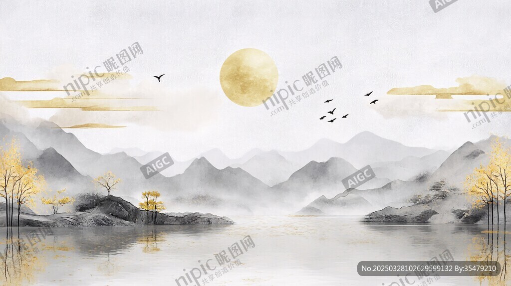 月夜山水飞鸟诗意画卷