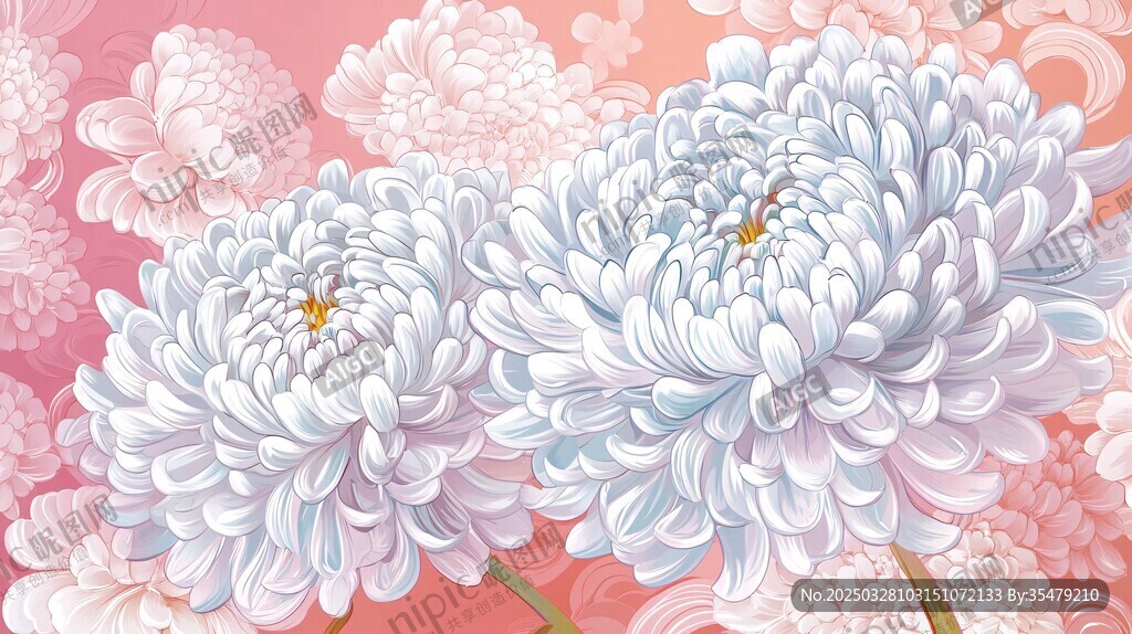 双朵粉白菊花梦幻花卉图