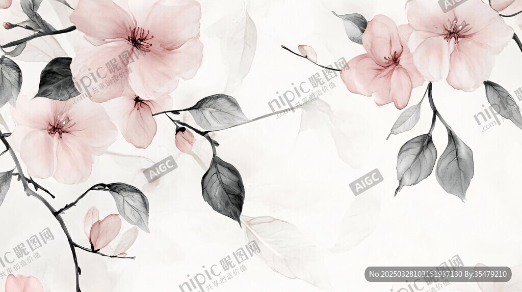 粉色花卉枝叶唯美水彩画