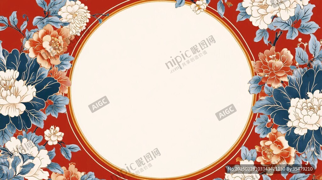中式花卉圆形边框装饰图
