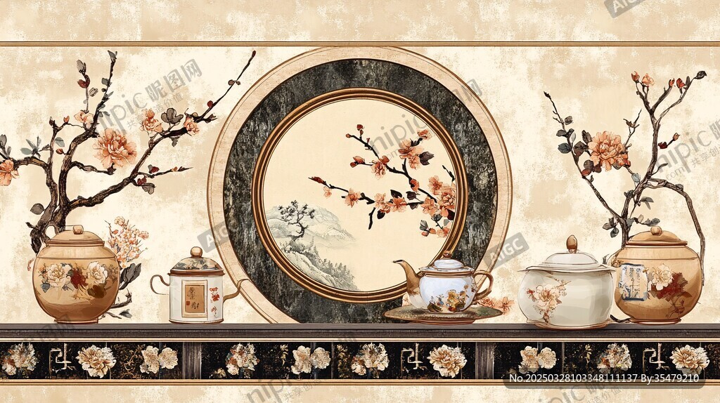 中式典雅茶具梅花装饰画