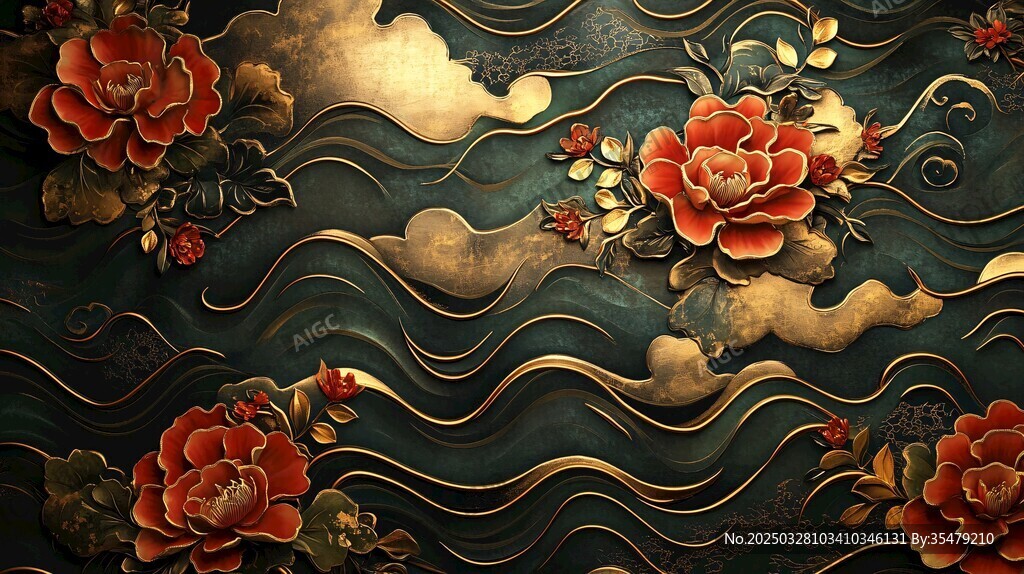中式牡丹海浪古典纹饰