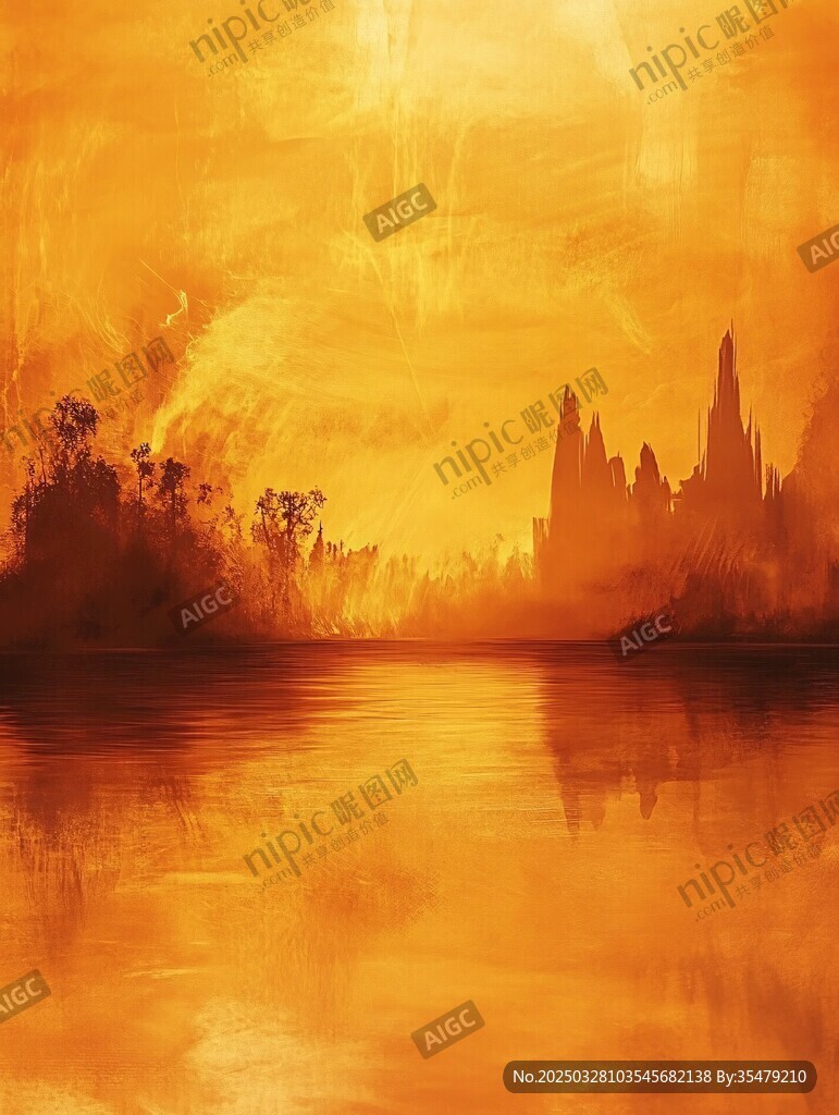 黄昏下的奇幻城堡湖畔景色
