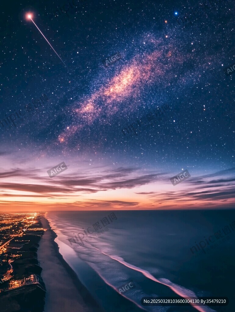 海边星空下的梦幻流星景