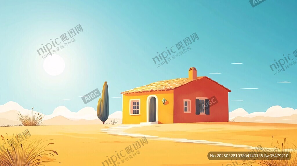 阳光照耀下的沙漠中的小屋