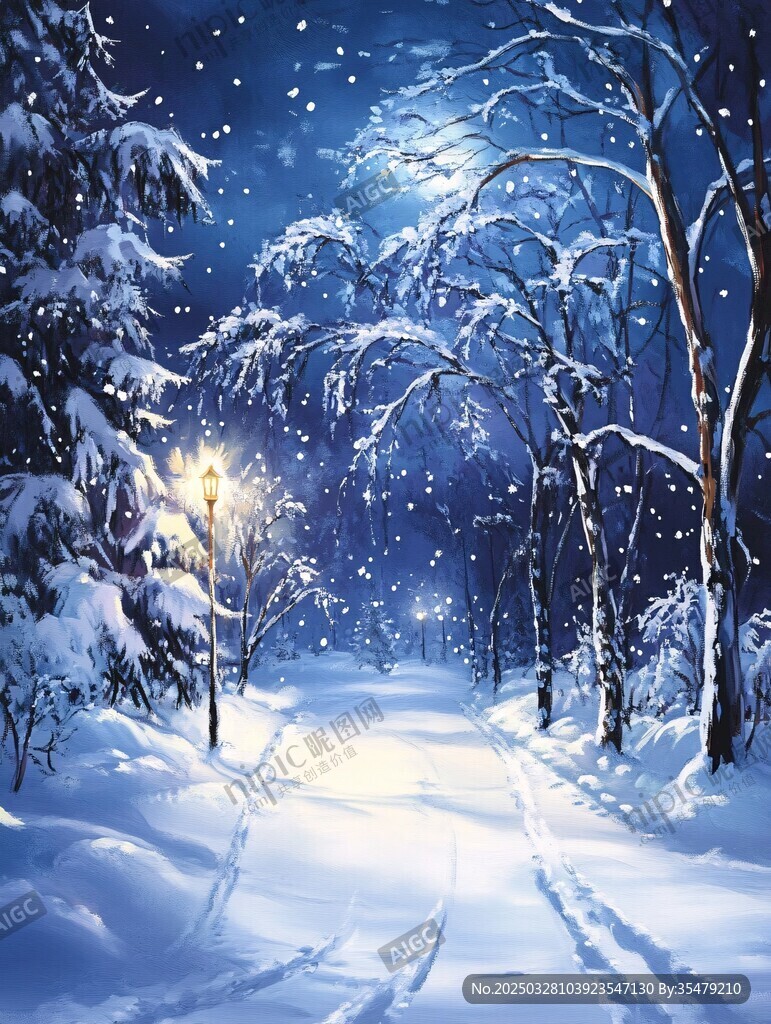 雪夜林间小路梦幻美景
