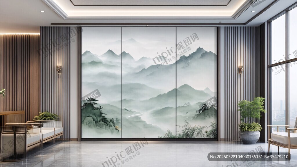 中式山水背景墙客厅设计