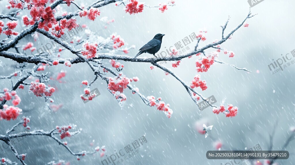 雪覆红梅上的栖息小鸟