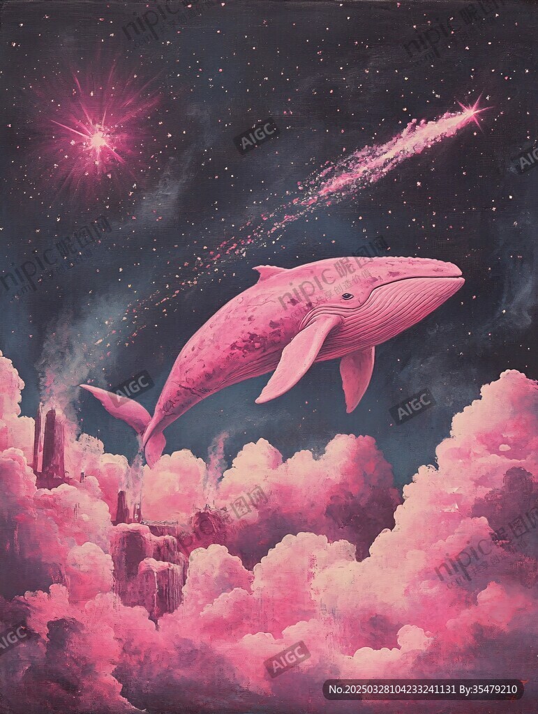 梦幻粉色鲸鱼遨游星空