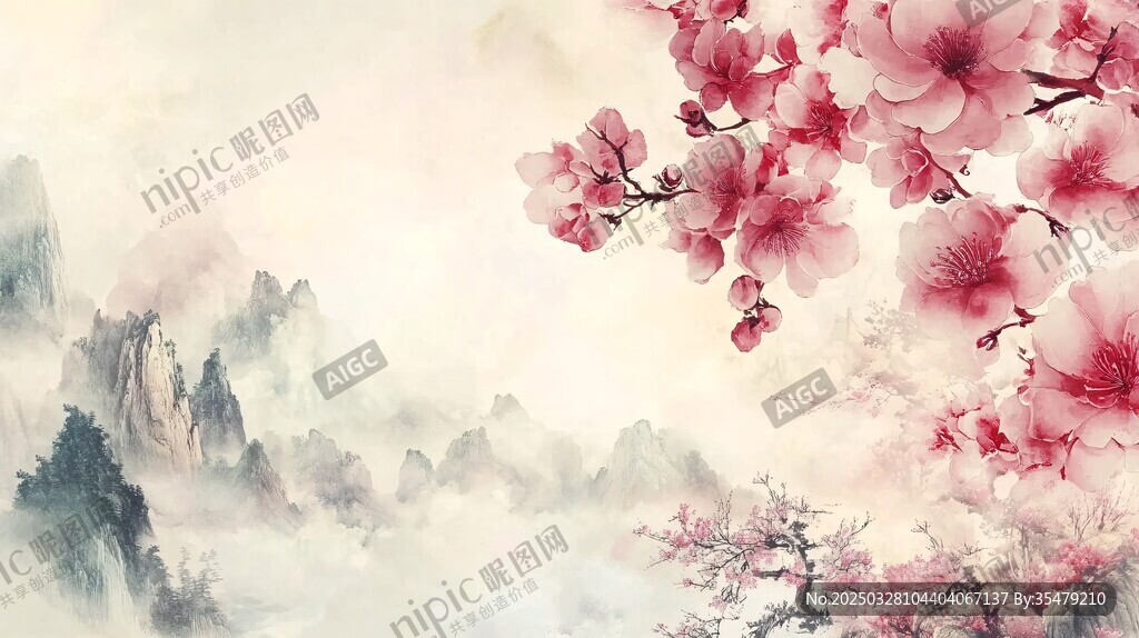 水墨桃花山水诗意美景