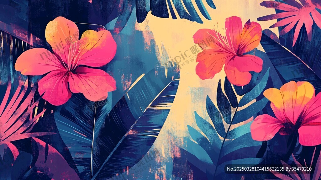热带花卉与叶片梦幻插画