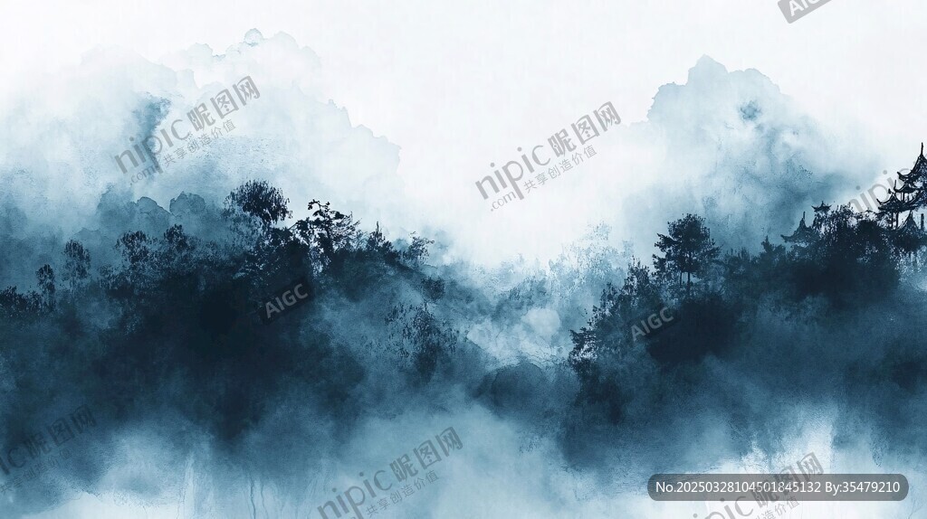 水墨云雾山林意境图
