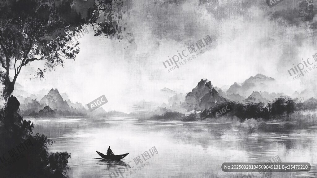 水墨山水间的孤舟静影